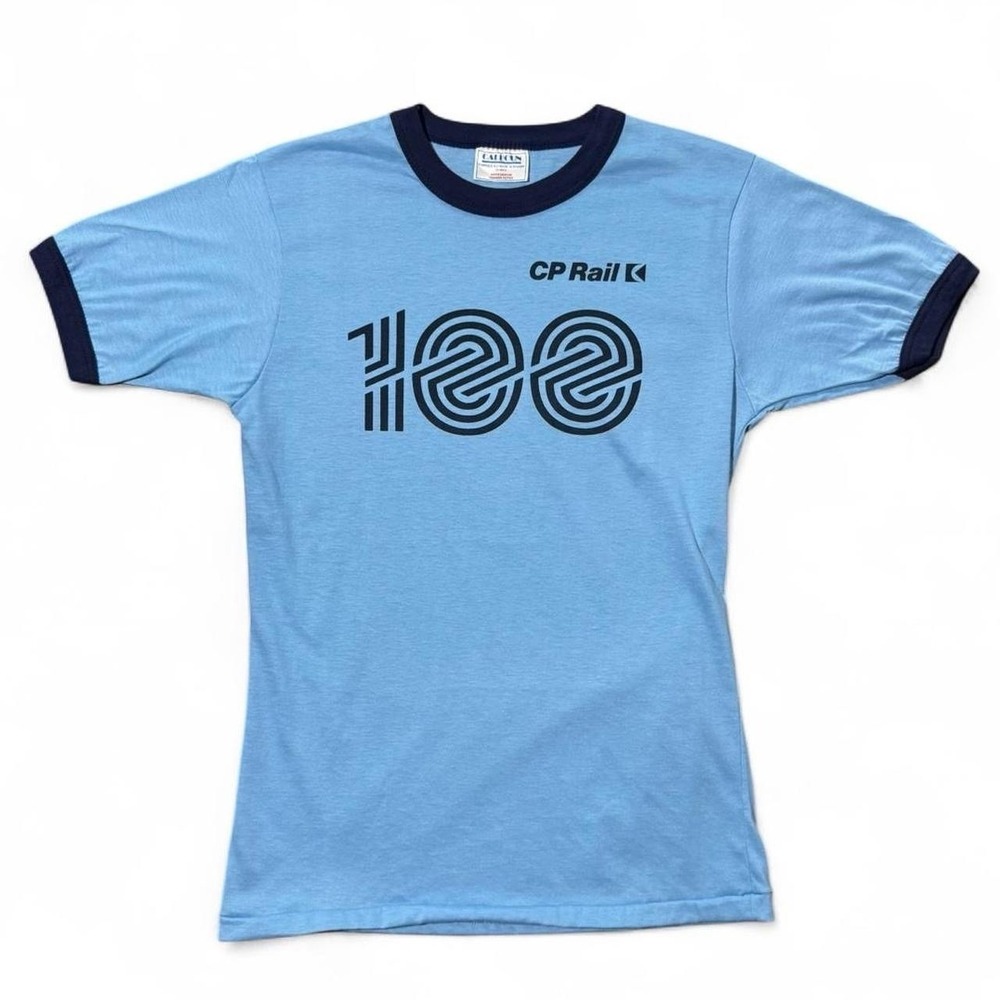 Vintage 70s Canadian Pacific Railway Trains Baby Blue Graphic Ringer T-Shirt s/m